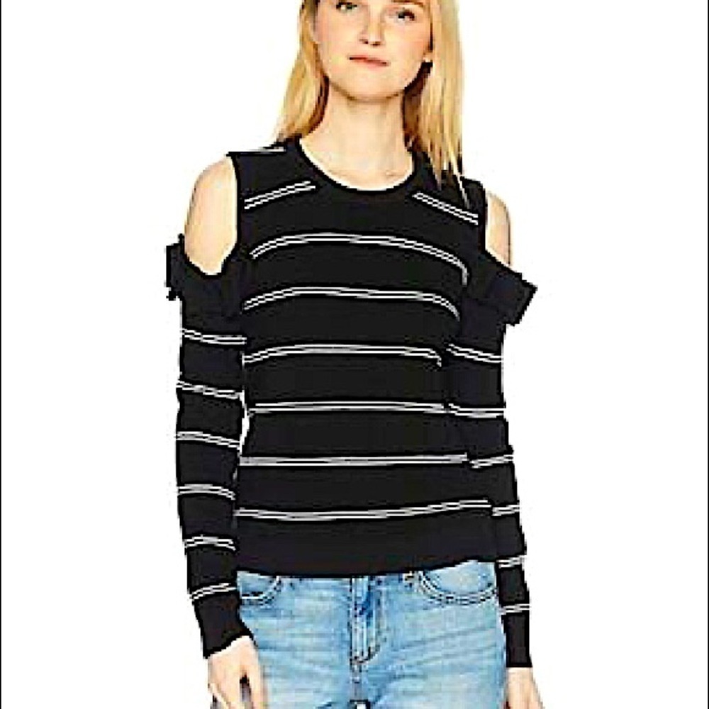 JACK BY BB DAKOTA Black White Eloisa Striped Ruffle Cold Shoulder Sweater Small